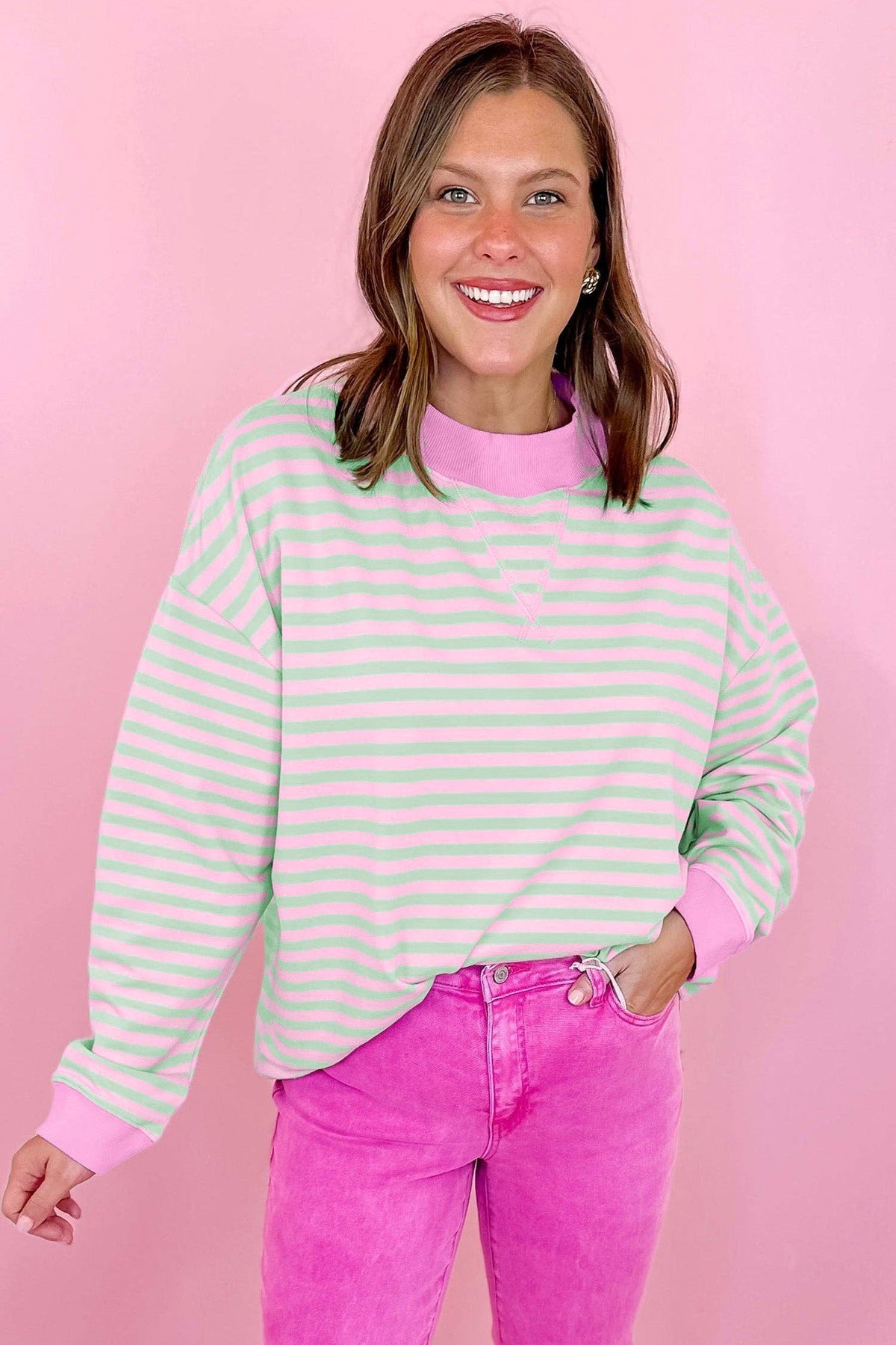 Pink & Green Striped Mockneck Sweater