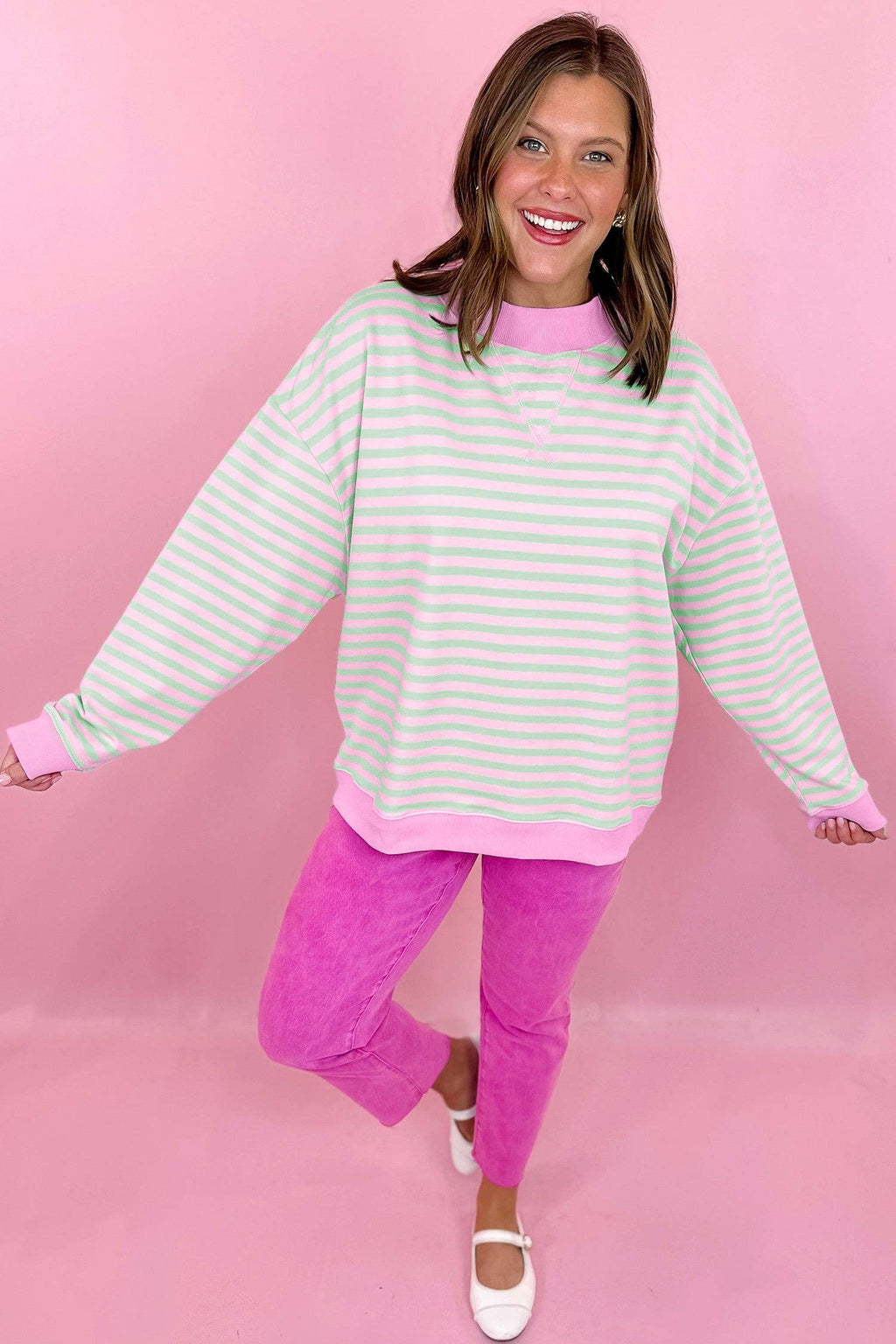 Pink & Green Striped Mockneck Sweater