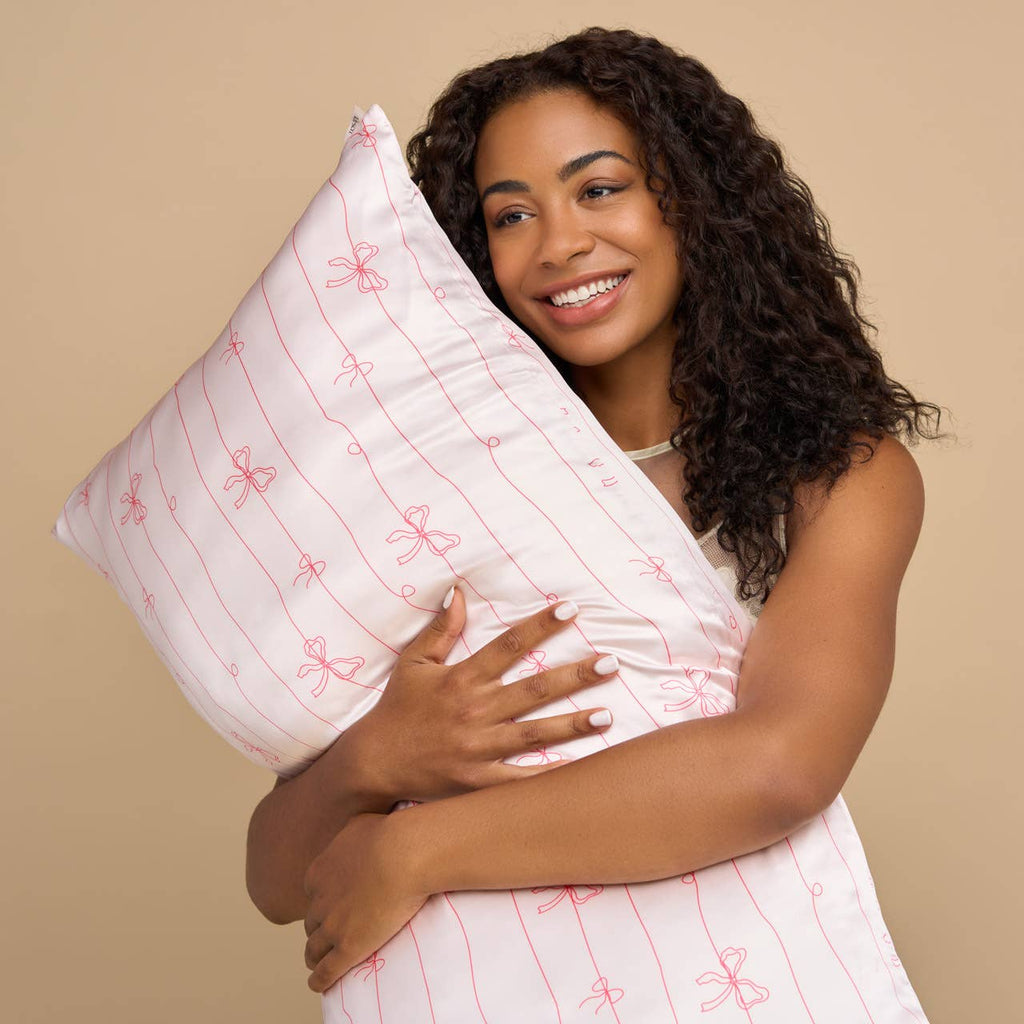 Holiday Satin Pillowcase in Striped Bows~Queen