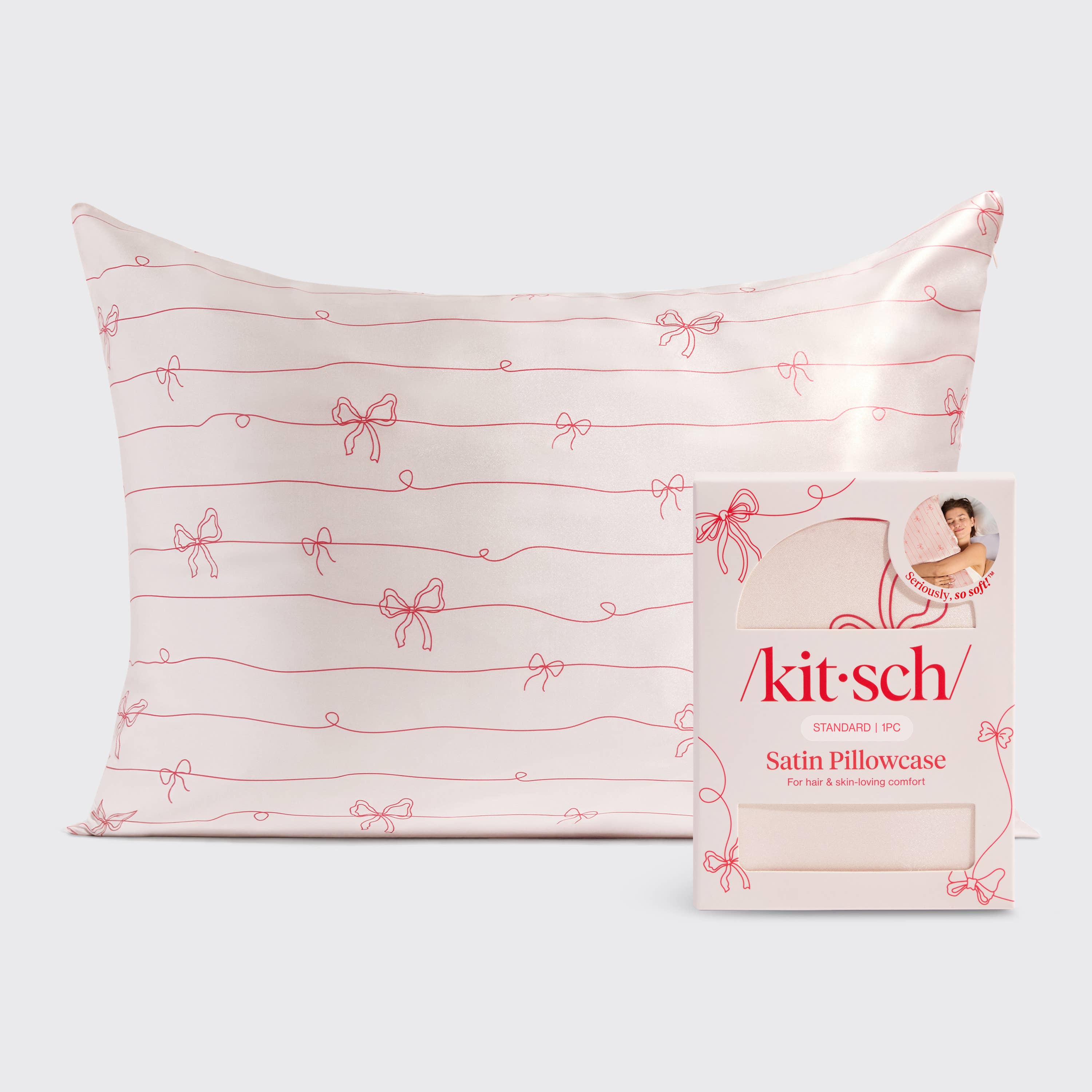 Holiday Satin Pillowcase in Striped Bows~Queen