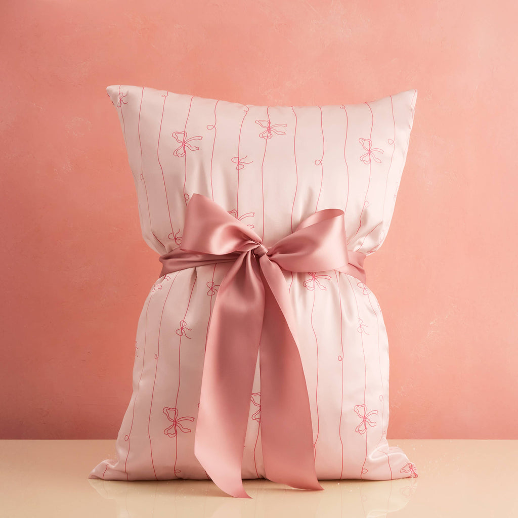 Holiday Satin Pillowcase in Striped Bows~Queen