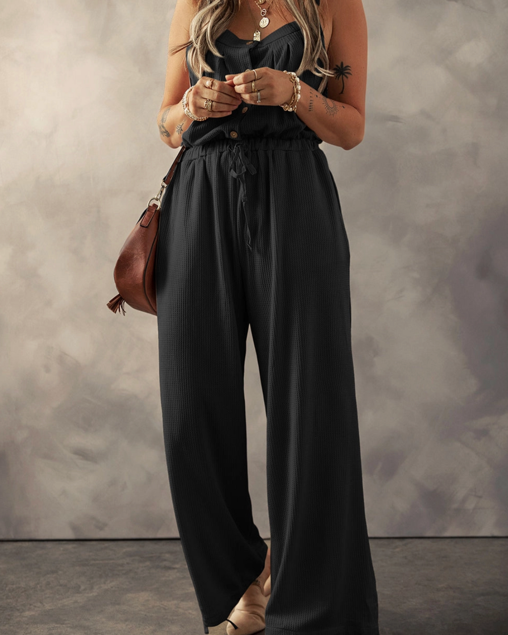 Button Up Textured Jumpsuit