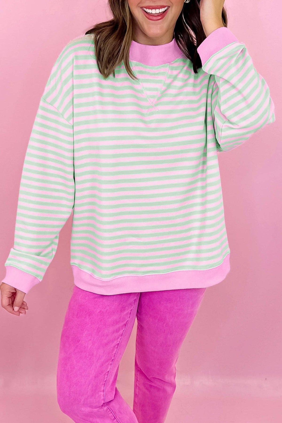 Pink & Green Striped Mockneck Sweater
