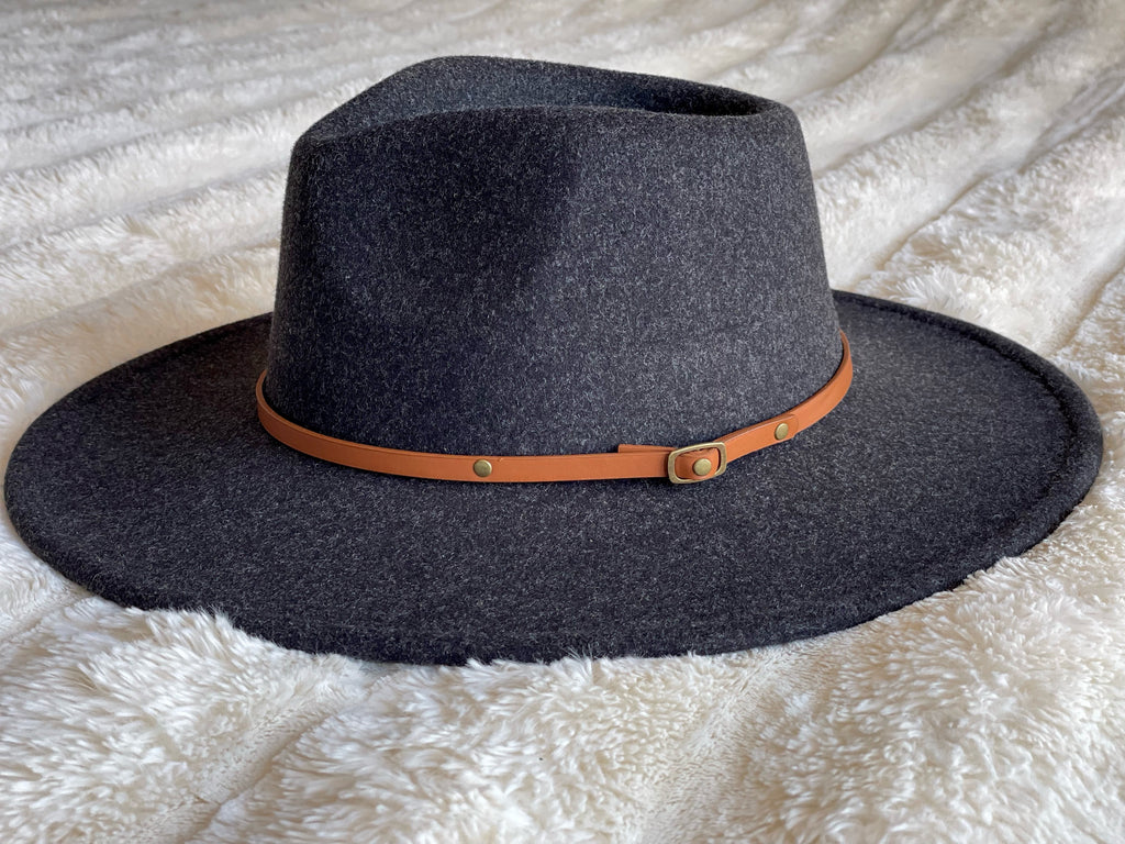 Wool Blend Wide Brim Hat w/ Belt - Black