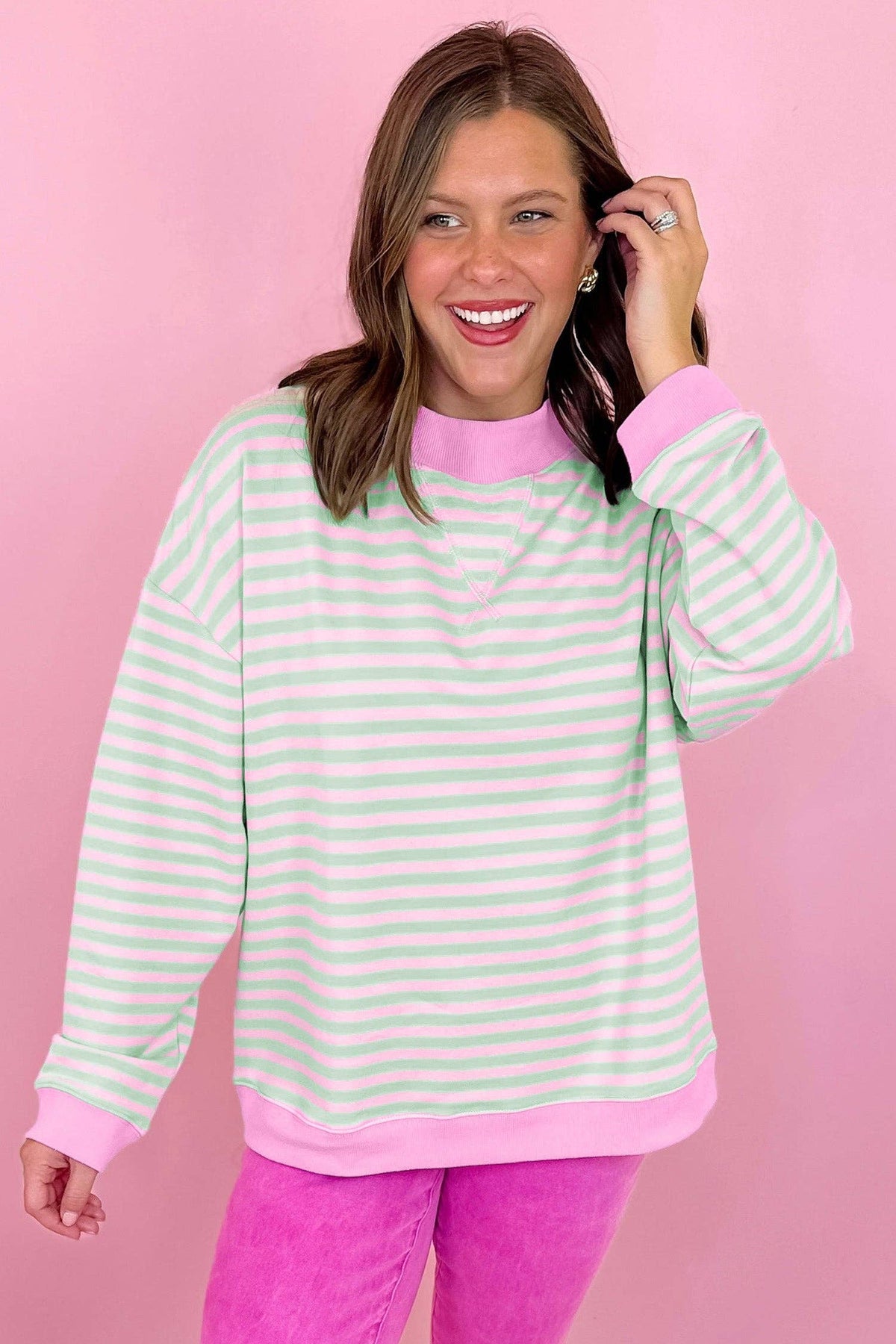 Pink & Green Striped Mockneck Sweater