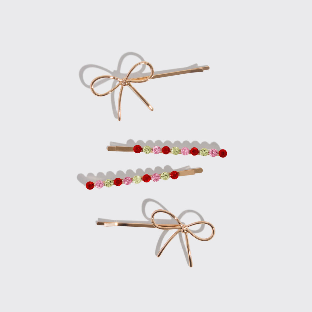 Holiday Gemstone and Bow Bobby Pins 4pc Set
