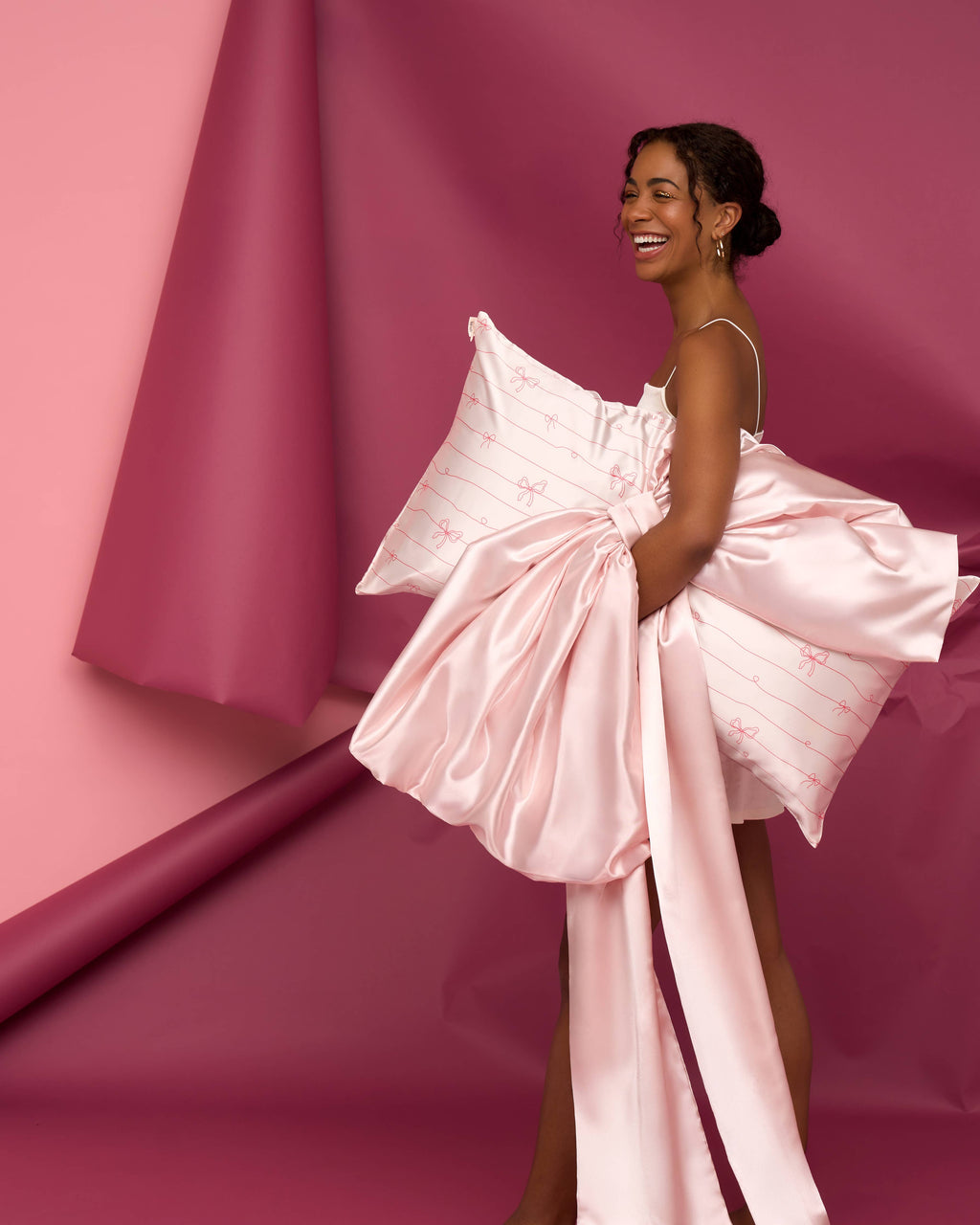 Holiday Satin Pillowcase in Striped Bows~Queen